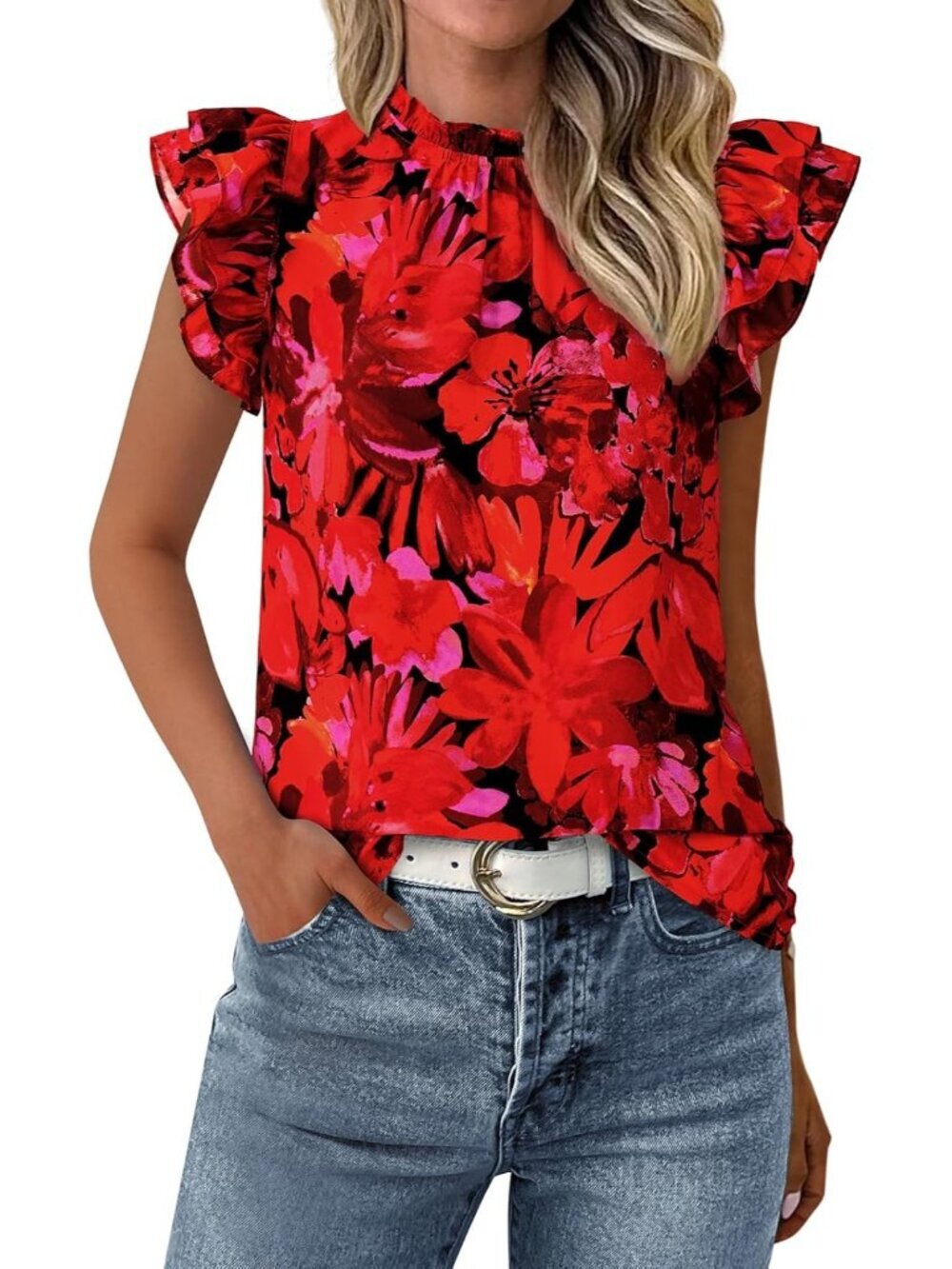 Women's Black Red Floral Trim Neck Casual Short Sleeve Summer Tops